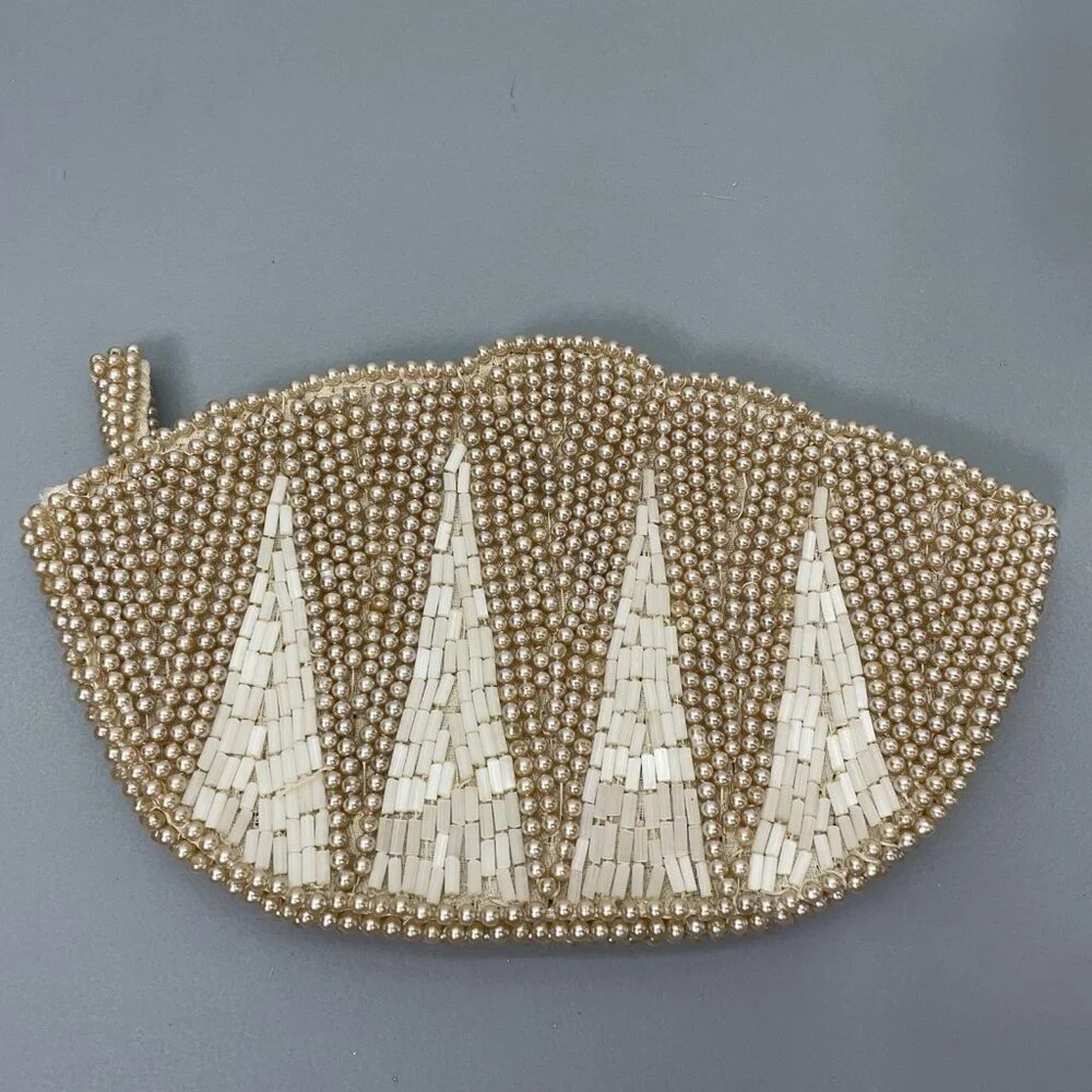 Vintage Beaded Clutch Evening Purse Makeup Bag Zip Top Faux String Pearls Small - Picture 2 of 12